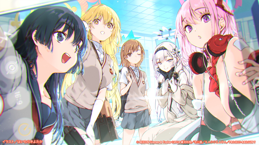 5girls black_eyes black_hair black_hairband blonde_hair blue_archive blue_halo breasts bright_pupils brown_eyes brown_hair brown_sweater_vest closed_mouth commentary_request crossover eimi_(blue_archive) emblem flower grey_eyes haimura_kiyotaka hair_flower hair_ornament hairband halo highres himari_(blue_archive) large_breasts long_hair medium_hair misaka_mikoto multiple_girls official_art one_eye_closed open_mouth pink_eyes pink_hair pink_halo pointy_ears sakugawa_school_uniform saten_ruiko school_emblem school_uniform shokuhou_misaki short_hair smile summer_uniform sweater_vest toaru_kagaku_no_railgun toaru_majutsu_no_index tokiwadai_school_uniform very_long_hair white_flower white_hair yellow_pupils