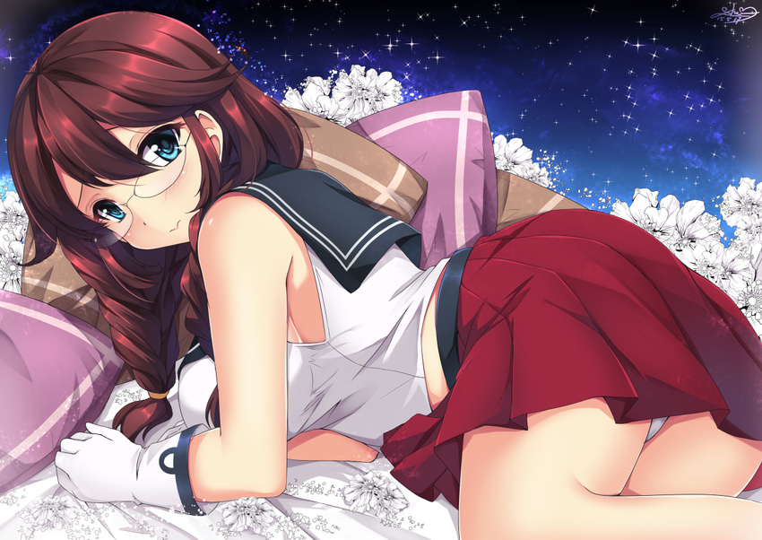 ass bespectacled blue_eyes blush braid breasts commentary glasses gloves hair_between_eyes kantai_collection large_breasts long_hair looking_at_viewer looking_back lying midriff noshiro_(kantai_collection) on_bed panties pantyshot pantyshot_(lying) pleated_skirt red_skirt sailor_collar sheita skirt smile solo tank_top twin_braids underwear white_gloves white_panties