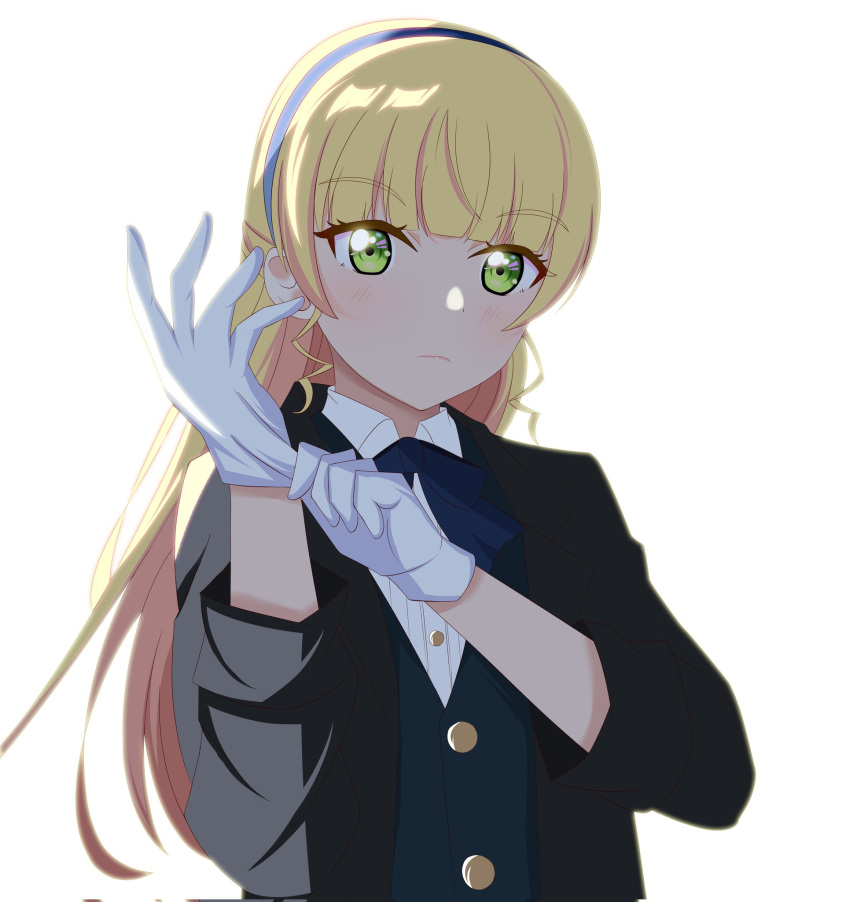 1girl adjusting_clothes adjusting_gloves black_jacket black_suit blonde_hair blue_bow blue_bowtie blue_hairband blue_vest blunt_bangs bow bowtie closed_mouth collared_shirt commentary_request gloves green_eyes hairband heanna_sumire highres jacket kayuu_(emitun) long_hair long_sleeves looking_at_viewer love_live! love_live!_superstar!! open_clothes open_jacket shirt sidelocks solo suit suit_jacket upper_body vest waistcoat white_background white_gloves white_shirt