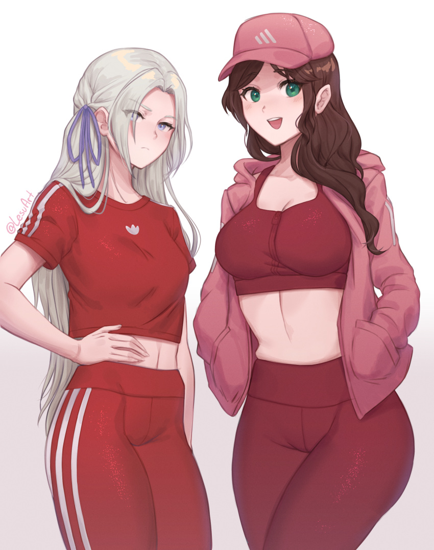 2girls :d absurdres baseball_cap breasts brown_hair closed_mouth dorothea_arnault edelgard_von_hresvelg fire_emblem fire_emblem:_three_houses green_eyes hair_ribbon hand_on_own_hip hands_in_pockets hat highres hood hooded_jacket jacket large_breasts lesu long_hair looking_at_viewer midriff multiple_girls pants purple_eyes red_pants red_shirt red_sports_bra ribbon shirt simple_background small_breasts smile sports_bra striped_clothes track_pants white_hair yoga_pants