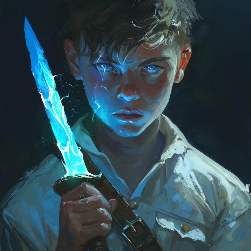 1boy absurdres child commentary dark_background duy_phan_(bloodyman88) energy english_commentary fantasy glowing glowing_weapon highres holding holding_knife knife lightning looking_at_viewer original painting_(medium) short_hair solo traditional_media upper_body weapon