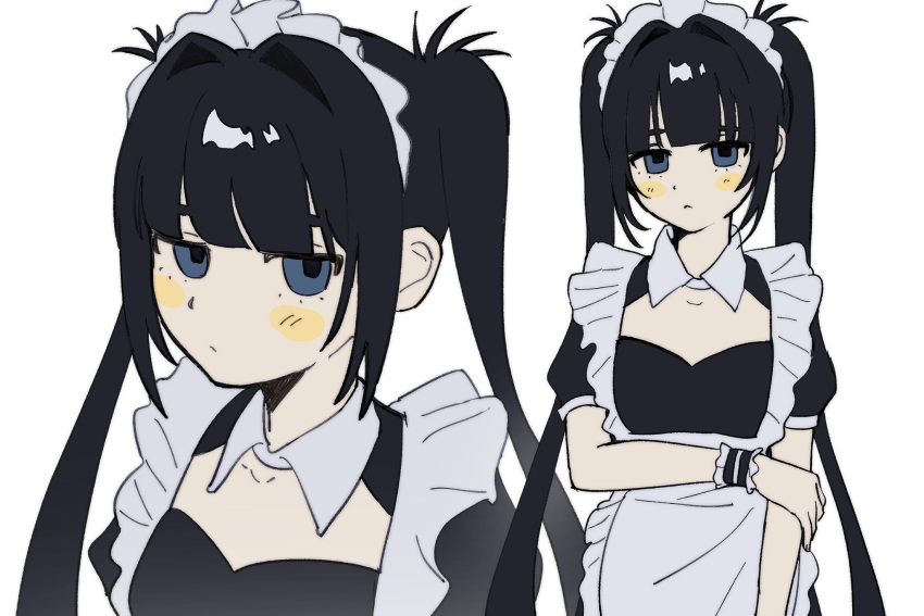 1girl apron black_dress black_hair blunt_bangs blush cleavage_cutout closed_mouth clothing_cutout collared_dress cowboy_shot dress frilled_apron frills highres holding_own_arm inu_dakisime long_bangs long_hair looking_at_viewer maid maid_headdress multiple_views original sidelocks simple_background solo twintails very_long_hair white_apron white_background