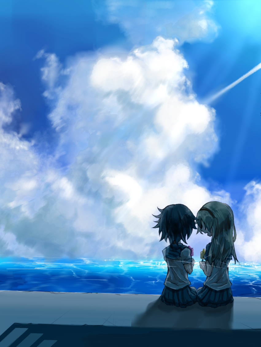 2girls aygoftenover blue_sky cloud cloudy_sky couple highres horizon koishikawa_iko light_rays momijiyama_teru multiple_girls ocean school_uniform shy_(series) sitting sky yuri