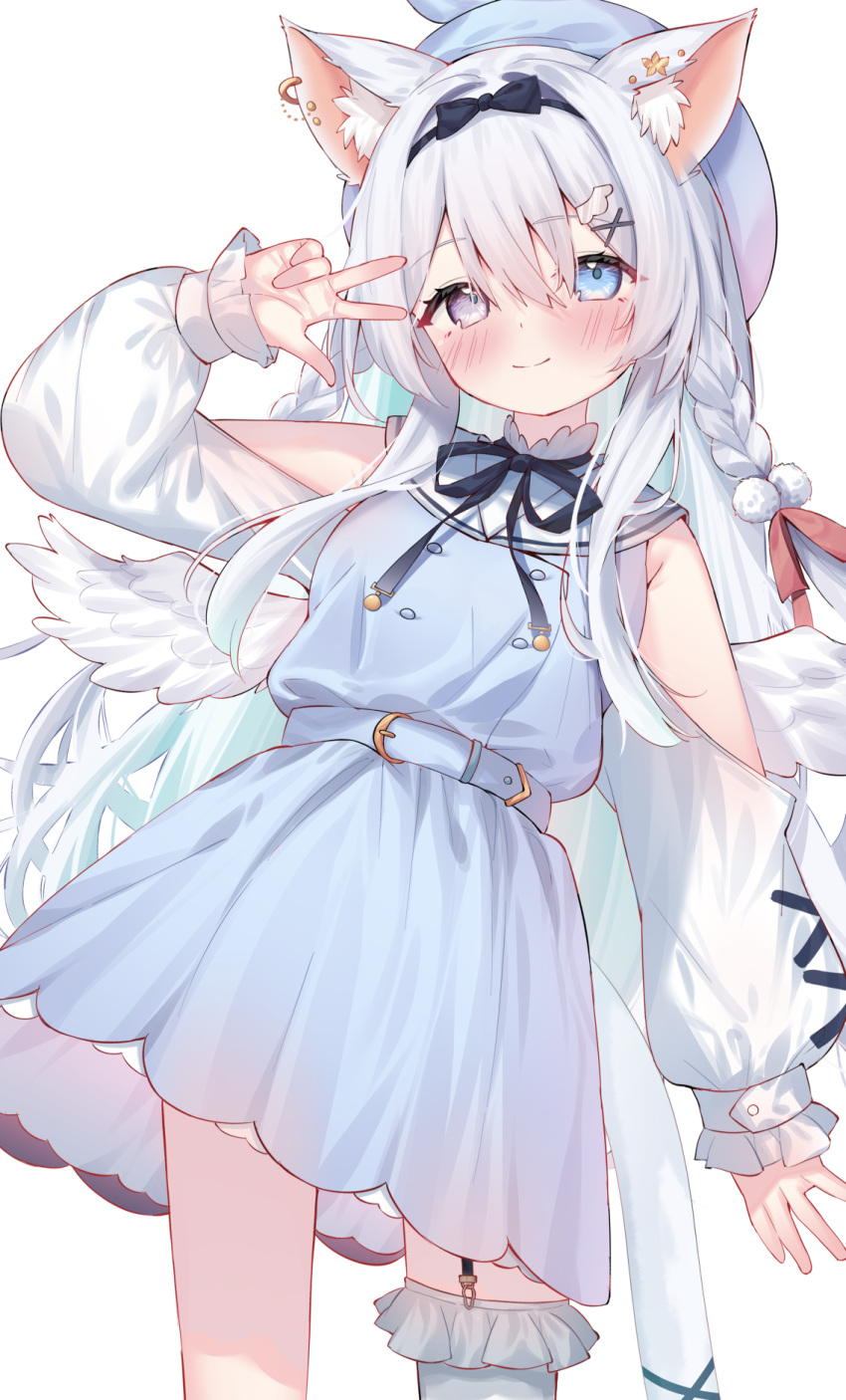 1girl animal_ear_fluff animal_ears belt beret black_bow blue_belt blue_dress blush bow braid cat_girl closed_mouth clothing_cutout dress eip_(pepai) frilled_thighhighs frills garter_straps grey_eyes hair_bow hair_ornament hair_ribbon hand_up hat heterochromia highres indie_virtual_youtuber long_sleeves looking_at_viewer mini_wings piercing red_ribbon ribbon shoulder_cutout simple_background single_thighhigh solo sorashi_purumu thighhighs v virtual_youtuber white_background wings x_hair_ornament