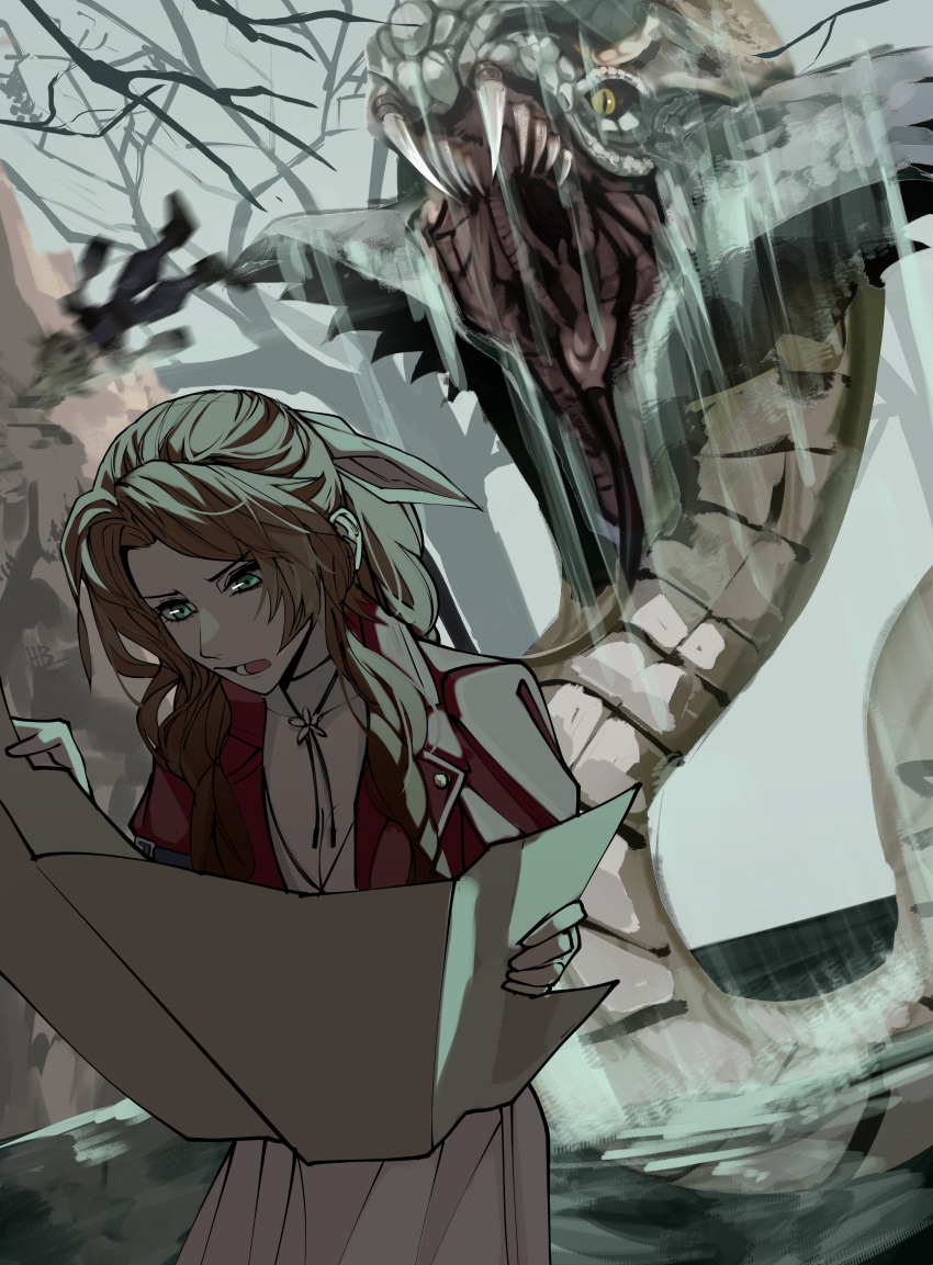 1boy 1girl absurdres aerith_gainsborough breasts brown_hair cleavage cloud_strife commentary dress final_fantasy final_fantasy_vii final_fantasy_vii_remake green_eyes hashtag-only_commentary heartbreak_juan highres holding holding_map jacket map medium_breasts monster pink_dress reading red_jacket