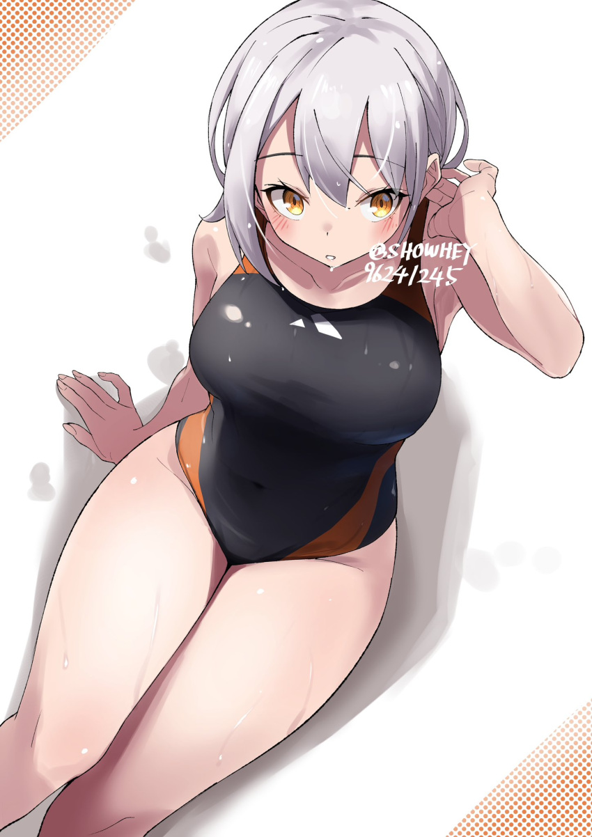 1girl adjusting_hair arm_up armpits artist_name black_one-piece_swimsuit breasts chestnut_mouth competition_swimsuit from_above grey_hair highres light_blush medium_breasts nishisaki_fuyuka on_floor one-piece_swimsuit orange_eyes original short_hair short_hair_with_long_locks showhey!! sitting solo swimsuit thighs wet white_background