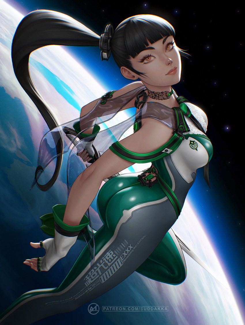 1girl ass black_hair blunt_bangs bodysuit breasts brown_eyes earth_(planet) english_commentary eve_(stellar_blade) floating green_bodysuit highres holding holding_sword holding_weapon lips long_hair looking_at_viewer medium_breasts multicolored_bodysuit multicolored_clothes patreon_username planet planet_diving_suit_(7th)_(stellar_blade) ponytail silver_bodysuit skin_tight solo space stellar_blade suddakka sword very_long_hair weapon white_bodysuit