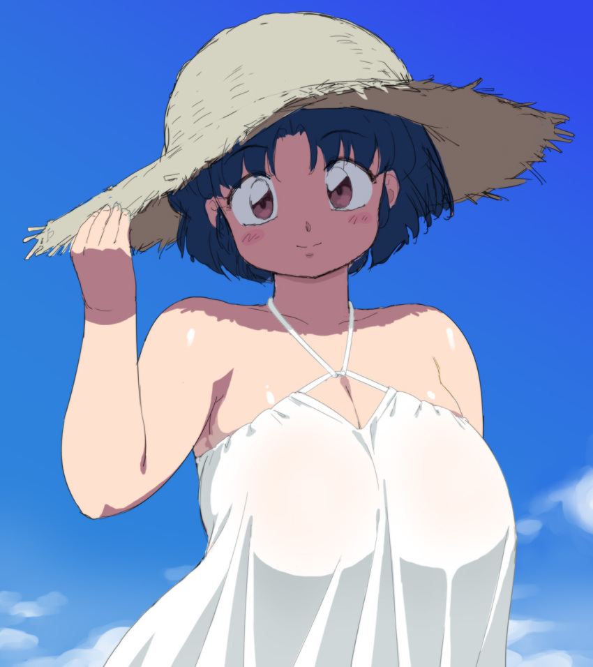 1girl blue_hair blue_sky blush breasts dress hat highres large_breasts mage_(harumagedon) ranma_1/2 shadow short_hair sky smile solo tendou_akane variant_set white_dress