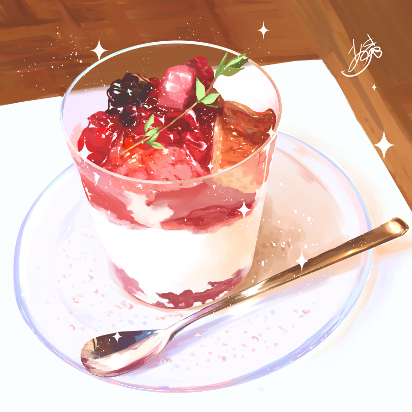 absurdres berry cup drinking_glass food food_focus fruit glass_saucer highres ice ice_cube no_humans original saucer sparkle spoon still_life table takisou_sou wooden_floor