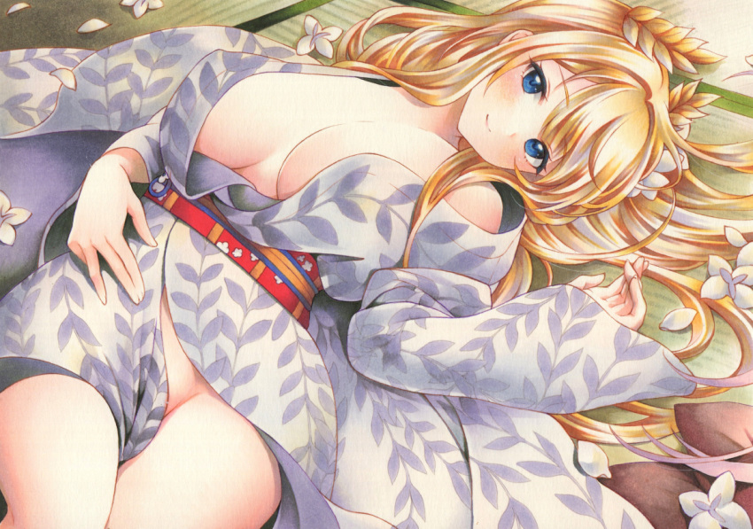 1girl azur_lane blonde_hair blue_eyes blush breasts breasts_apart floral_print flower hair_ornament japanese_clothes kimono large_breasts long_hair looking_at_viewer lying marker_(medium) no_panties on_back open_clothes open_kimono petals print_kimono purple_kimono saya_pr smile solo traditional_media victorious_(azur_lane) victorious_(upon_nights_brisk_and_beautiful)_(azur_lane)