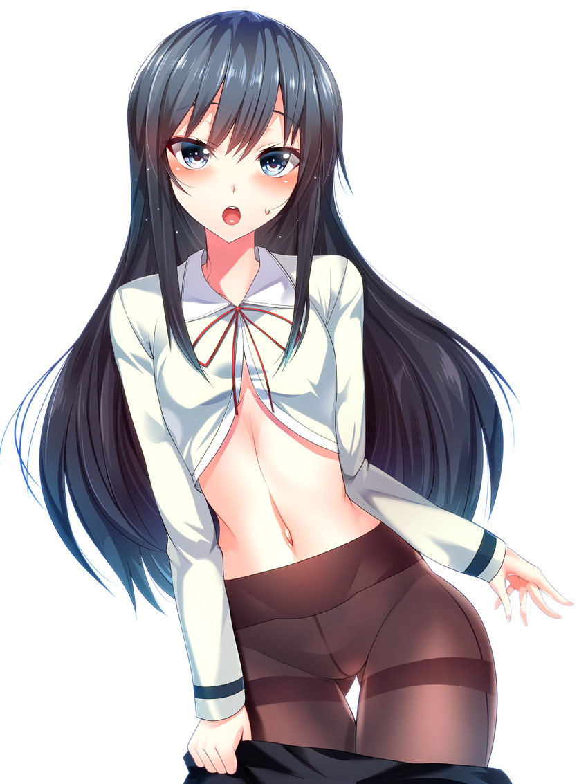 asashio_(kantai_collection) ass_visible_through_thighs black_dress blue_eyes blue_hair blush breasts brown_legwear collared_shirt contrapposto cowboy_shot crop_top crotch_seam dress dress_pull eyebrows eyebrows_visible_through_hair highres kantai_collection long_hair long_sleeves midriff navel neck_ribbon no_panties pantyhose pulled_by_self red_ribbon remodel_(kantai_collection) ribbon round_teeth shirt silly_(marinkomoe) simple_background slender small_breasts solo standing stomach teeth thigh_gap thighband_pantyhose undressing very_long_hair white_background wing_collar