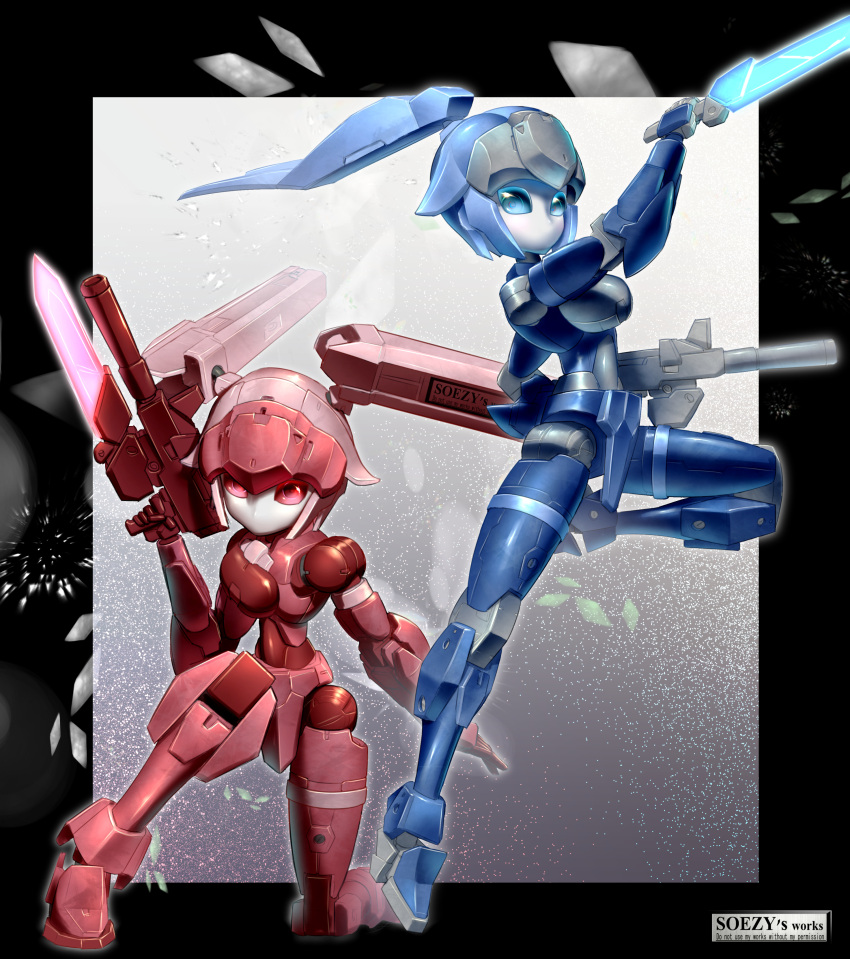 2girls 30_minutes_missions absurdres assassin_silver bayonet black_border blue_eyes blue_hair border breasts dual_wielding exm-h15a_acerby_type-a exm-h15b_acerby_type-b glowing gun highres holding holding_gun holding_sword holding_weapon looking_at_viewer mecha medium_breasts multiple_girls on_one_knee open_hand outside_border pink_hair ponytail red_eyes robot science_fiction standing standing_on_one_leg sword twintails weapon