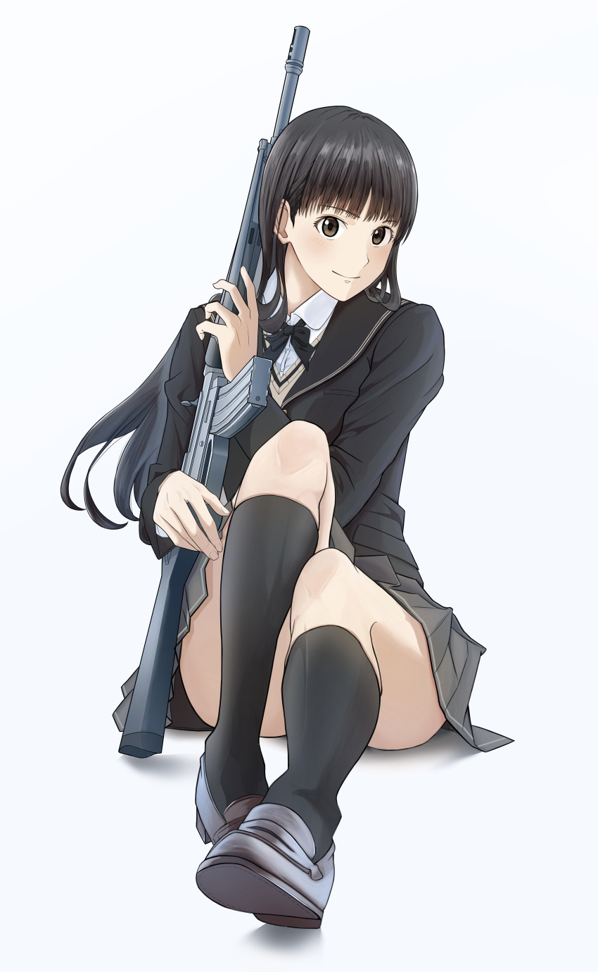 1girl absurdres amagami assault_rifle ayatsuji_tsukasa black_bow black_bowtie black_eyes black_hair black_jacket black_sailor_collar black_socks blazer bow bowtie closed_mouth collared_shirt eightynine full_body grey_background grey_footwear grey_skirt gun highres holding holding_gun holding_weapon howa_type_89 jacket kibito_high_school_uniform kneehighs loafers long_hair long_sleeves looking_at_viewer miniskirt pleated_skirt rifle sailor_collar school_uniform shirt shoes simple_background sitting skirt socks solo straight_hair sweater thighs weapon white_shirt yellow_sweater