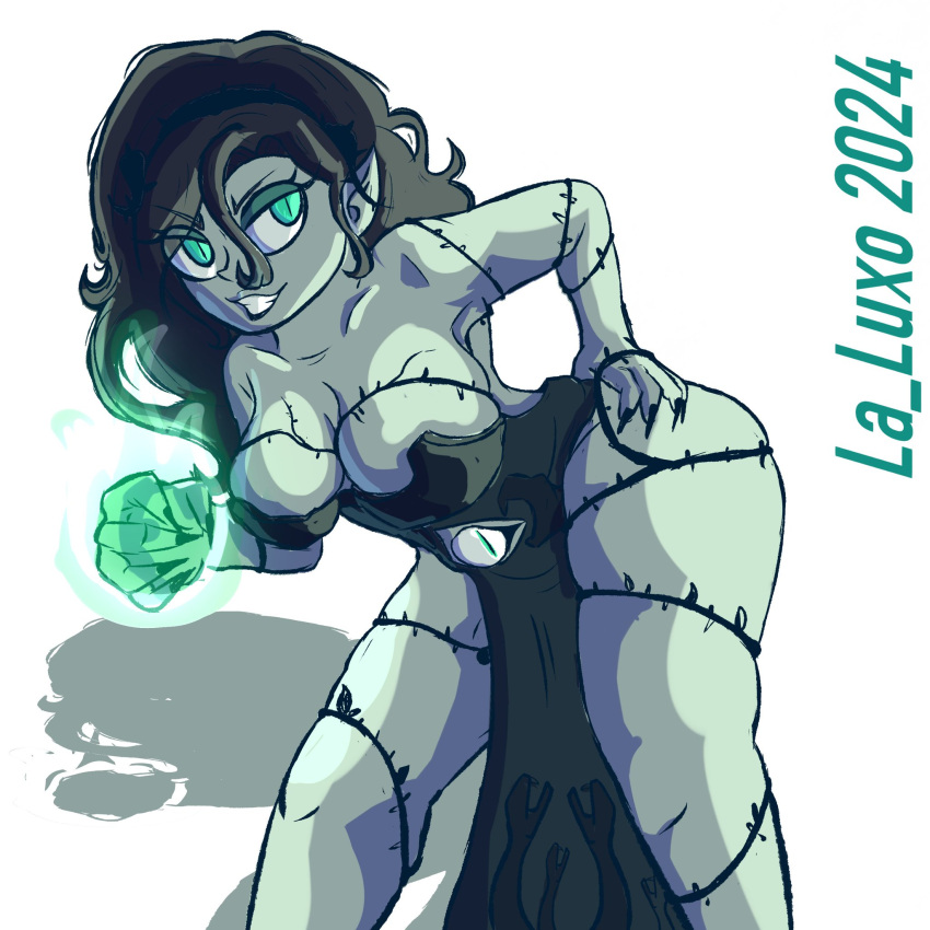 black_hair black_nails breasts colored_nails eyeball female green_body green_eyes green_skin hair hi_res humanoid la_luxo magic monotone_background nails shadow simple_background solo stiches undead watermark white_background zombie