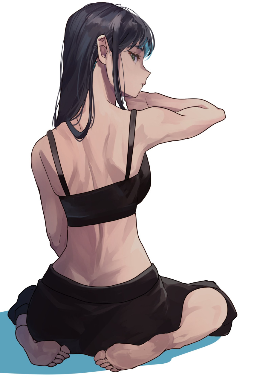 1girl barefoot black_bra black_hair black_skirt bra feet from_behind full_body highres long_hair original profile rasetsu001 shadow simple_background sitting skirt solo toes underwear wariza white_background