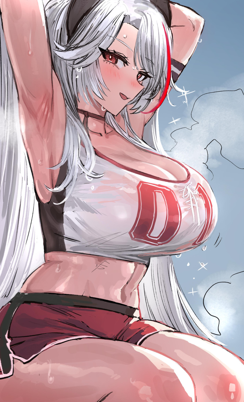 1girl absurdres armpits arms_behind_head arms_up azur_lane blush breasts brown_eyes cleavage crop_top from_side highres huge_breasts kaki_z3 long_hair looking_at_viewer midriff multicolored_hair official_alternate_costume parted_lips prinz_eugen_(azur_lane) prinz_eugen_(brilliant_touchdown)_(azur_lane) red_hair red_shorts shorts smile solo sportswear streaked_hair sweat taut_clothes white_hair