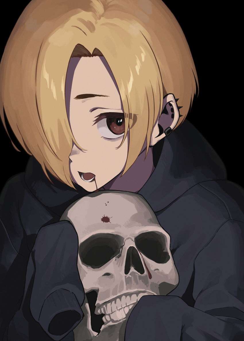 1girl absurdres bags_under_eyes black_background black_hoodie blonde_hair blood blood_from_mouth brown_eyes ear_piercing garuku1120 hair_over_one_eye highres holding holding_skull hood hoodie idolmaster idolmaster_cinderella_girls looking_at_viewer open_mouth piercing shirasaka_koume short_hair simple_background skull sleeves_past_fingers sleeves_past_wrists solo upper_body