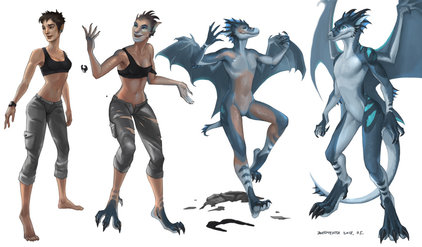 2018 anthro barefoot blue_body blue_eyes blue_scales borsmenta bottomwear bra breasts claws clothing digital_media_(artwork) digitigrade dragon featureless_crotch feet female growth hi_res horn horn_growth human_to_anthro membrane_(anatomy) membranous_wings mythological_creature mythological_scalie mythology navel pants scales scalie sequence simple_background smile solo species_transformation sports_bra standing tail tail_growth torn_clothing transformation tusaris underwear white_background wing_growth wings