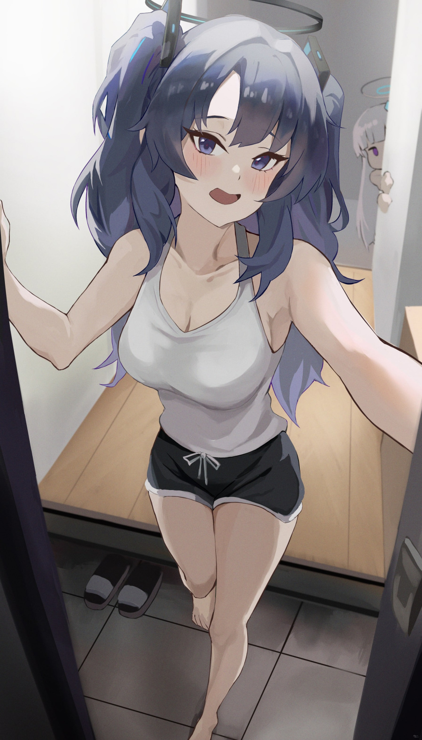 2girls absurdres bare_arms barefoot black_halo black_shorts blue_archive blue_eyes blue_hair breasts camisole cleavage dolphin_shorts doorway grey_hair halo highres indoors large_breasts long_hair looking_at_viewer multiple_girls noa_(blue_archive) open_mouth opening_door peeking_out pov_doorway purple_eyes shorts smile solo_focus standing two_side_up white_camisole yato_(yama0x1) yuuka_(blue_archive)