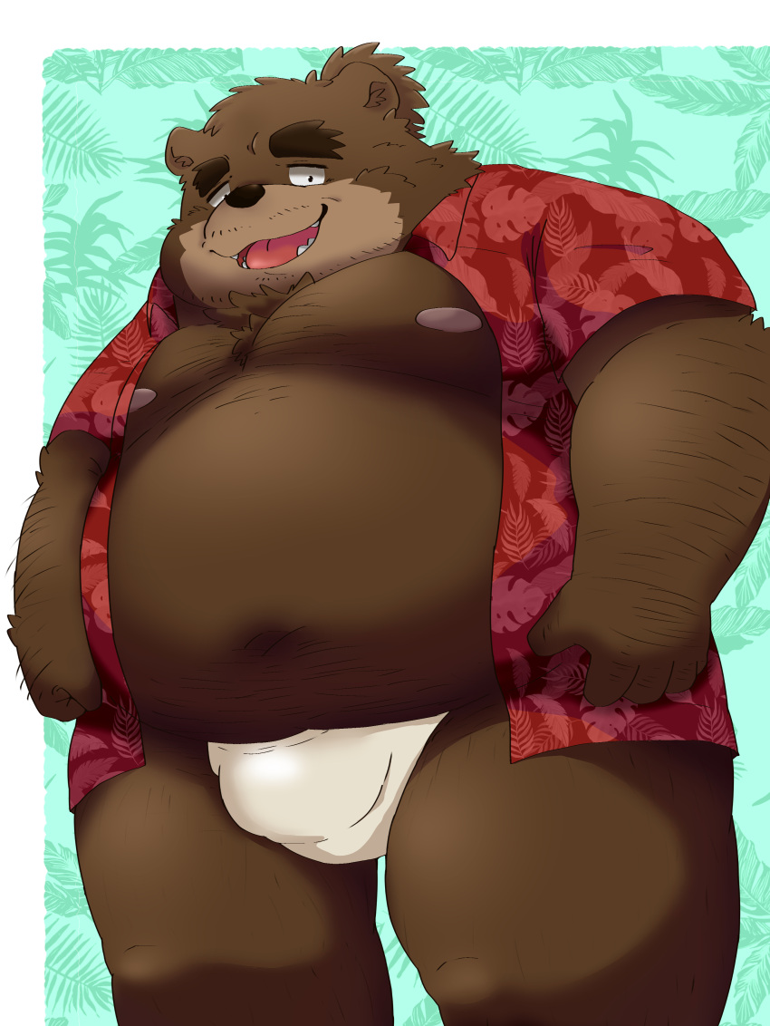 2024 absurd_res anthro bear belly big_belly brown_body clothed clothing hi_res kemono male mammal moobs nipples open_clothing open_mouth open_shirt open_topwear overweight overweight_male shirt smile solo topwear underwear white_clothing white_underwear yanununununu