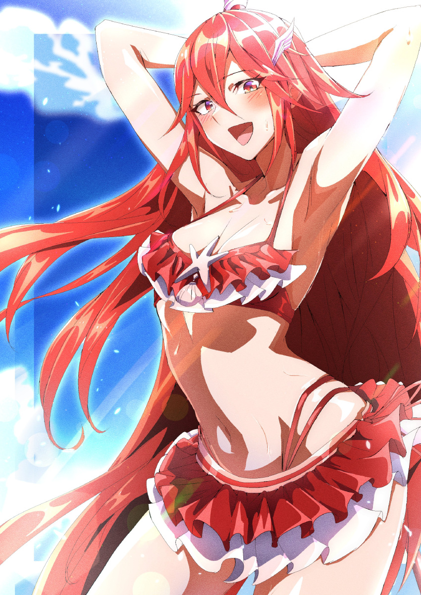 1girl absurdres armpits arms_behind_back arms_up bare_shoulders bikini bikini_skirt blue_sky blush breasts cloud cordelia_(fire_emblem) cordelia_(summer)_(fire_emblem) cowboy_shot day fire_emblem fire_emblem_awakening fire_emblem_heroes frilled_bikini frills hair_between_eyes hair_ornament halterneck highres long_hair looking_at_viewer medium_breasts navel open_mouth outdoors presenting_armpit red_bikini red_eyes red_hair sky smile solo standing stomach sweat swimsuit to_(tototo_tk) very_long_hair wing_hair_ornament