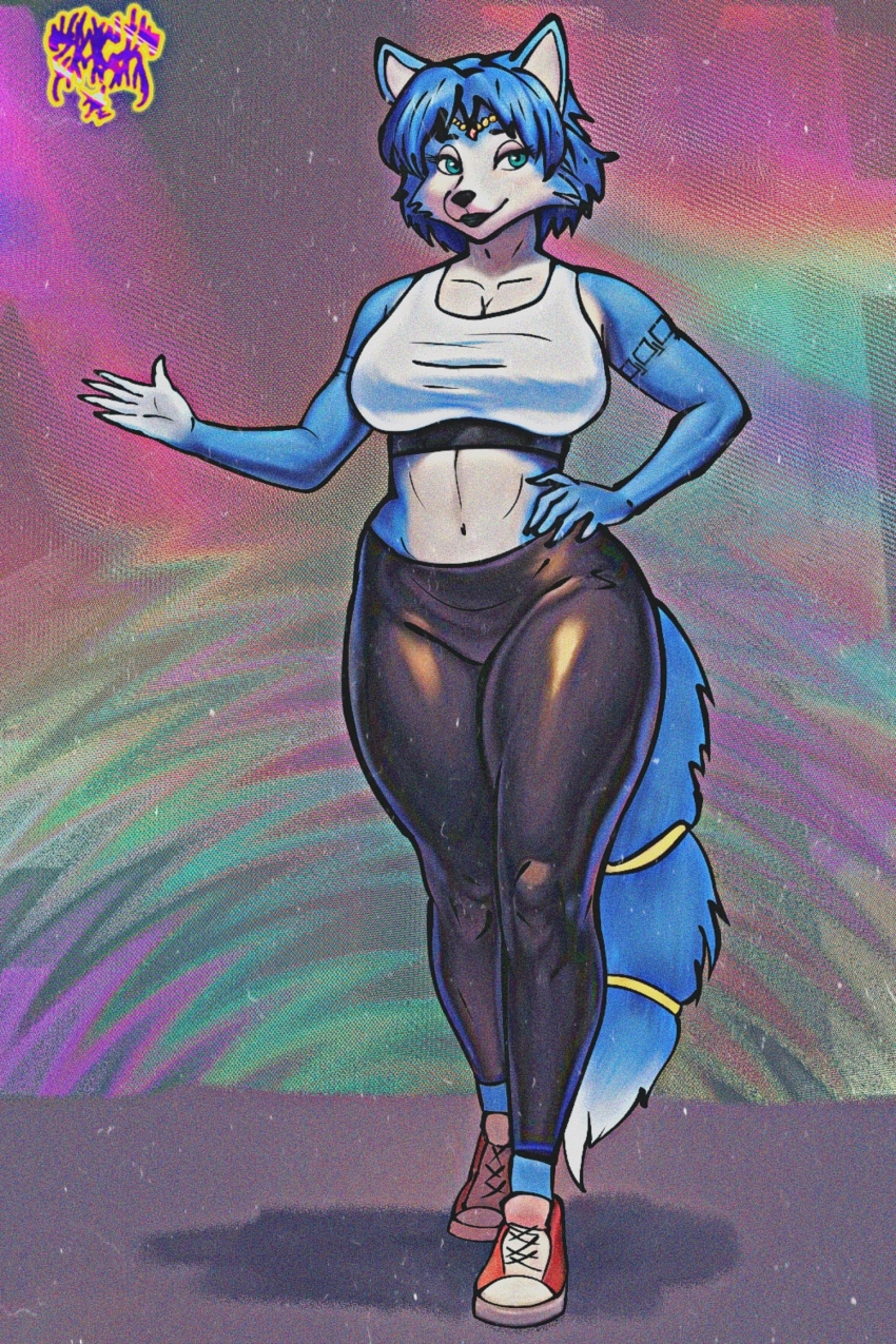 anthro arm_tattoo black_lips blue_body blue_fur blue_hair breasts canid canine clothed clothing crop_top digital_media_(artwork) female footwear fox fur hair hand_on_hip hi_res krystal_(star_fox) latex latex_clothing leggings legwear lips looking_at_viewer mammal nintendo shirt shoes smile sneakers solo star_fox tail tattoo topwear white_body white_fur zak898