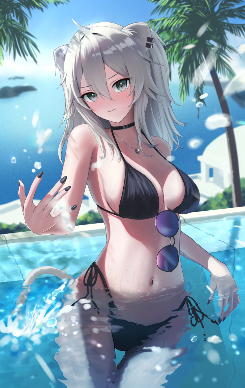 1girl ahoge animal_ears beach bikini black-framed_eyewear black_bikini black_choker black_nails blue_sky breasts choker cleavage grey_eyes grey_hair highres hololive large_breasts lion_ears lion_girl long_hair nail_polish navel pool sand shishiro_botan side-tie_bikini_bottom sky swimsuit torjun_111 twintails virtual_youtuber wading water