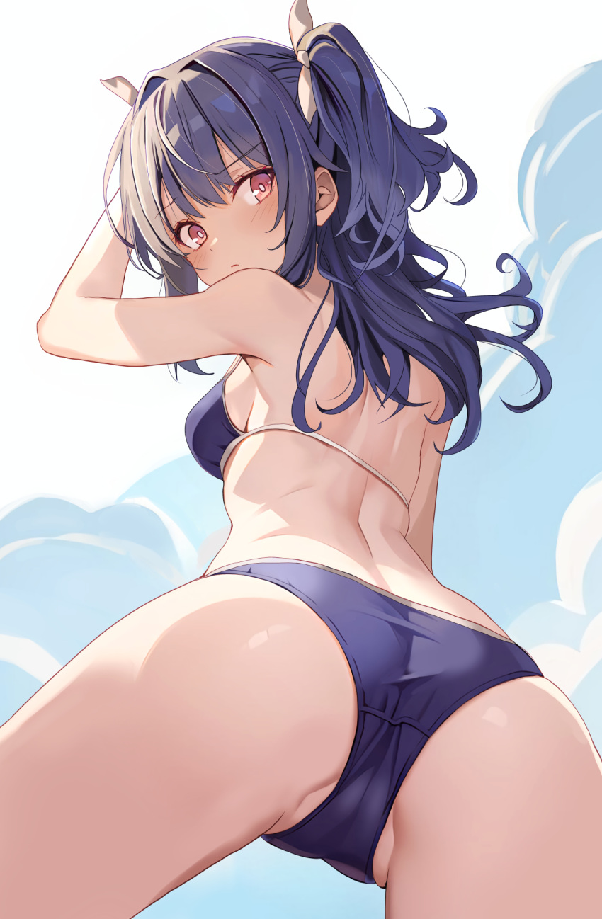 1girl ass back bare_shoulders bikini black_hair blue_bikini blush breasts brown_eyes cameltoe closed_mouth from_behind frown hair_ribbon highres long_hair looking_at_viewer looking_back open_mouth original ribbon rikudou_inuhiko shoulder_blades solo spread_legs swimsuit two_side_up