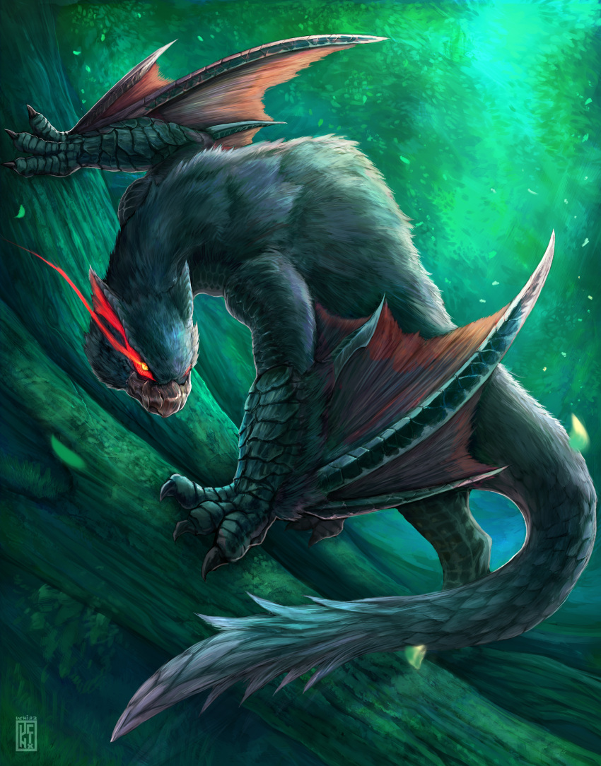 absurdres black_fur claws closed_mouth dappled_sunlight dragon forest full_body glowing glowing_eyes highres monster monster_focus monster_hunter_(series) nargacuga nature no_humans nostrils on_tree outdoors scales slit_pupils solo spiked_tail sunlight tail uchi_vs_the_world watermark wyvern yellow_eyes