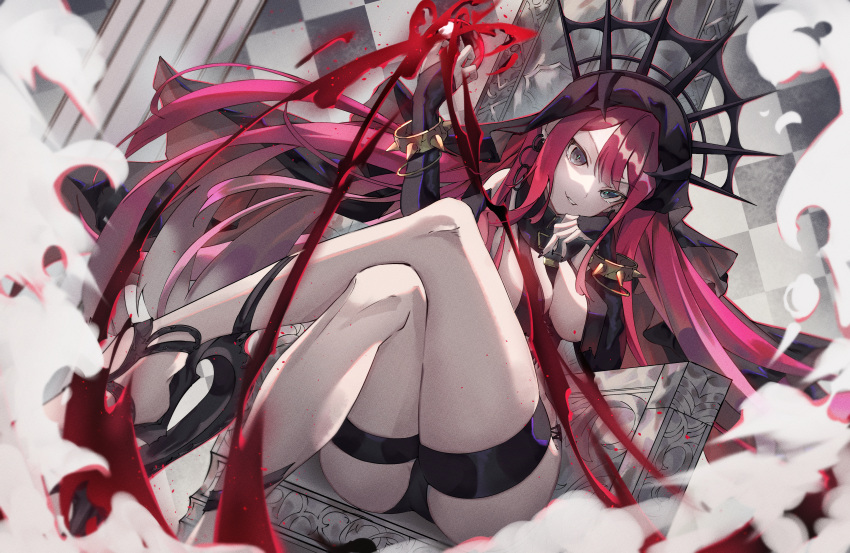 1girl absurdres ass baobhan_sith_(fate) baobhan_sith_(second_ascension)_(fate) black_footwear black_nails blood bracelet breasts checkered_background crossed_legs detached_sleeves earrings fate/grand_order fate_(series) feet_out_of_frame grey_eyes hand_up high_heels highres hoop_earrings jewelry lankuchashuangjielong legs long_hair long_sleeves looking_at_viewer nail_polish panties pantyshot parted_lips pink_hair pointy_ears revealing_clothes sidelocks sitting smile solo spiked_bracelet spikes teeth thigh_strap thighs throne underwear veil