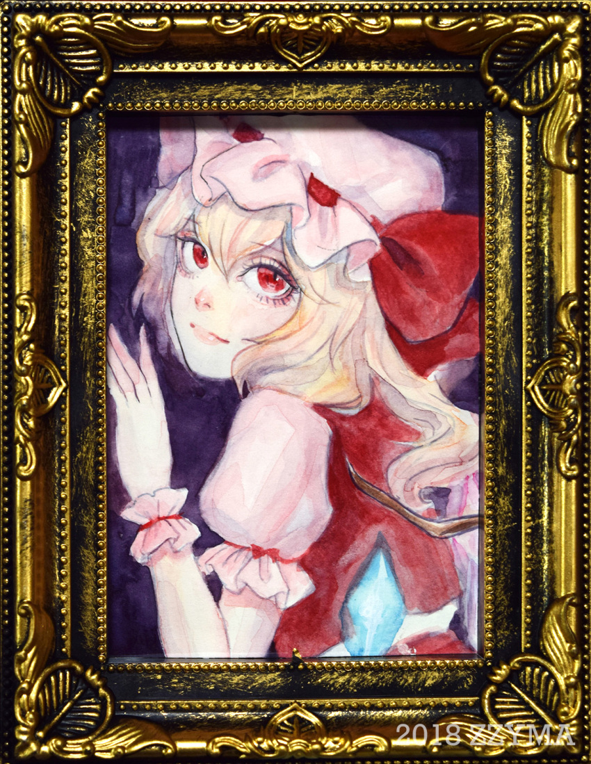 1girl arm_ribbon blonde_hair blue_gemstone flandre_scarlet frilled_hat frilled_wristband frills gem hair_between_eyes hat hat_ribbon highres jewelry johnalay looking_at_viewer medium_hair mob_cap painting_(medium) picture_frame ponytail puffy_short_sleeves puffy_sleeves red_eyes red_ribbon red_skirt red_vest ribbon shirt short_sleeves side_ponytail skirt slit_pupils smile touhou traditional_media vampire vest watercolor_(medium) white_hat white_shirt wings wristband