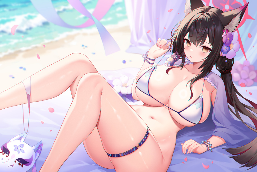 1girl absurdres animal_ears beach black_hair blue_archive blush bracelet breasts cleavage collarbone commentary_request feet_out_of_frame fox_ears fox_girl hair_ornament halo hand_up highres jewelry large_breasts long_hair looking_at_viewer lying mask navel official_alternate_costume on_back outdoors parted_lips red_halo shan_far skindentation solo thigh_strap thighs underboob unworn_mask wakamo_(blue_archive) wakamo_(swimsuit)_(blue_archive) water yellow_eyes