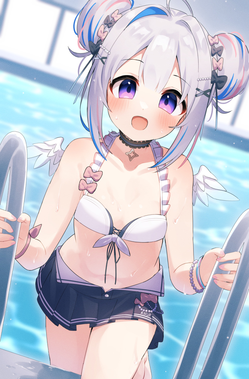 1girl ahoge amane_kanata amane_kanata_(7th_costume) angel_wings bare_shoulders bikini black_choker blue_hair blush breasts choker double_bun fragir front-tie_bikini_top front-tie_top grey_hair hair_bun hair_ornament hairclip highres hololive looking_at_viewer multicolored_hair navel official_alternate_costume pink_hair pleated_skirt pool purple_eyes skirt small_breasts smile solo swimsuit virtual_youtuber wings x_hair_ornament