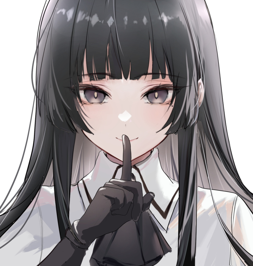 1girl arknights ascot black_ascot black_eyes black_gloves black_hair closed_mouth collared_jacket colored_inner_hair commentary eyelashes finger_to_mouth gloves grey_hair hand_up highres jacket long_hair looking_at_viewer mole mole_under_eye multicolored_hair portrait raramente shushing sidelocks simple_background smile solo straight-on straight_hair two-tone_hair upper_body virtuosa_(arknights) white_background white_jacket wing_collar yellow_pupils