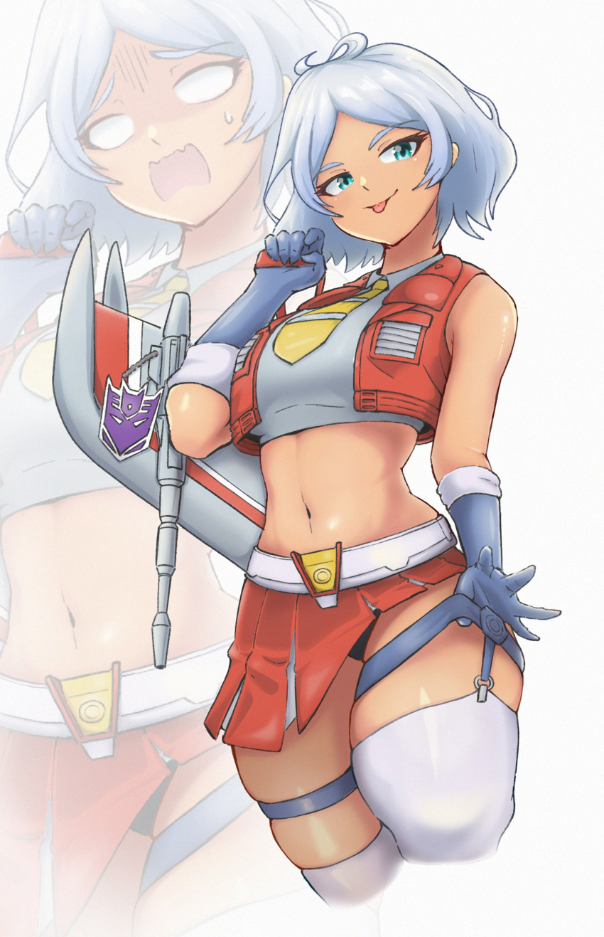 1girl absurdres blue_eyes blue_gloves cosplay cropped_shirt cropped_vest dark-skinned_female dark_skin gloves grey_hair grey_shirt gundam gundam_suisei_no_majo highres kotobukiya_bishoujo midriff navel necktie open_mouth parted_bangs red_vest secelia_dote shirt short_hair skindentation sleeveless sleeveless_shirt smile solo_focus starscream starscream_(kotobukiya_bishoujo) starscream_(kotobukiya_bishoujo)_(cosplay) thigh_strap thighhighs tongue tongue_out transformers uncleduk vest white_thighhighs yellow_necktie