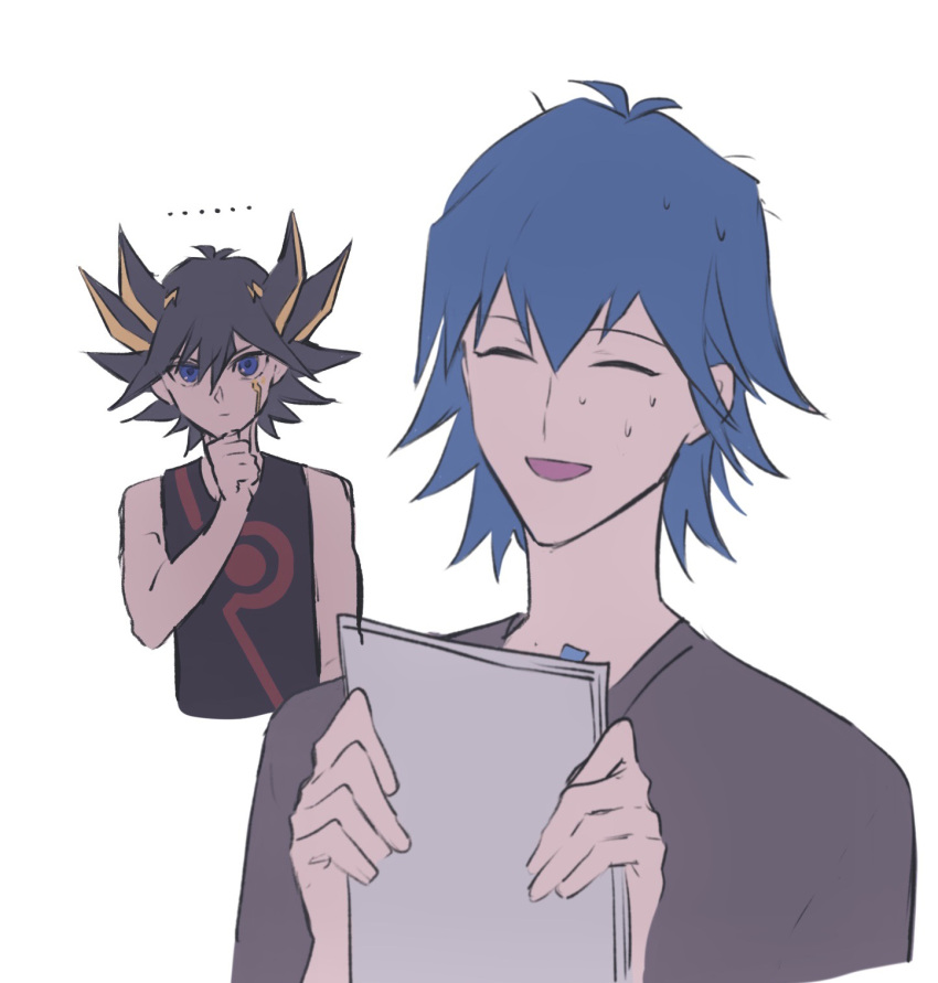 ... 2boys alternate_costume bad_id bad_lofter_id black_hair black_tank_top blue_eyes blue_hair bruno_(yu-gi-oh!) closed_eyes cropped_torso expressionless flat_color fudo_yusei grey_shirt hand_on_own_chin hand_up hands_up highres holding holding_paper male_focus multicolored_hair multiple_boys naoki_(2rzmcaizerails6) nervous_smile no_jacket open_mouth paper shirt short_hair simple_background smile spiked_hair streaked_hair sweat tank_top upper_body white_background yu-gi-oh! yu-gi-oh!_5d's