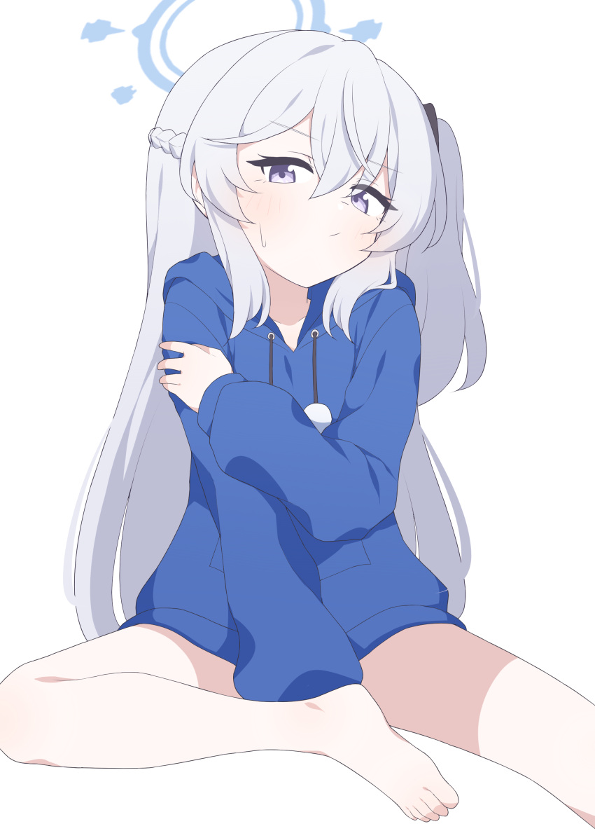 1girl absurdres barefoot blue_archive blue_hoodie grey_hair hagoonha halo highres hood hoodie long_hair looking_at_viewer miyako_(blue_archive) miyako_(young)_(blue_archive) purple_eyes simple_background thighs white_background