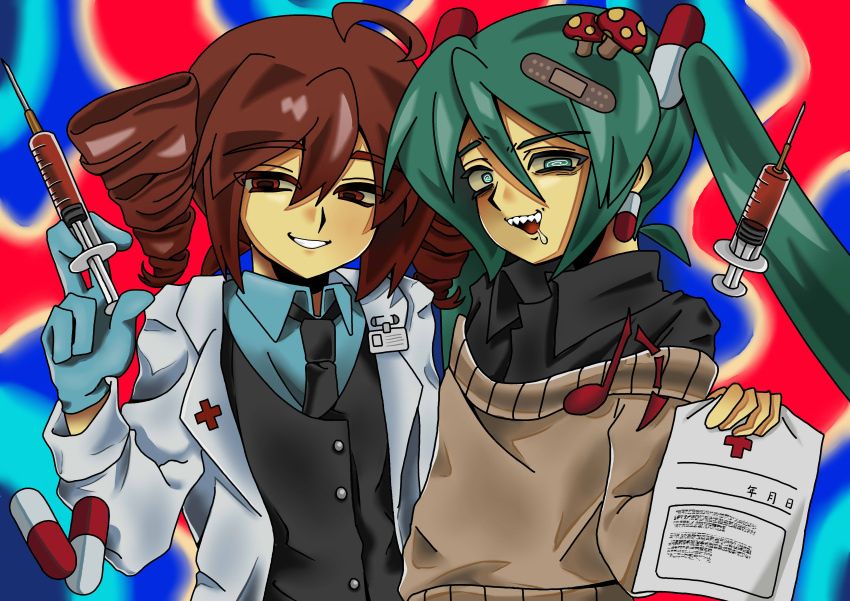 2girls 401-chan @_@ abstract_background absurdres ahoge alternate_costume bags_under_eyes bandaid bandaid_hair_ornament black_necktie black_shirt black_vest blue_background blue_shirt brown_sweater coat collared_shirt drill_hair drooling food-themed_hair_ornament gloves green_eyes green_hair grin hair_ornament hatsune_miku highres holding holding_paper holding_syringe igaku_(utau) kasane_teto lab_coat latex latex_gloves long_hair long_sleeves looking_at_viewer magical_doctor_(vocaloid) medium_hair multicolored_background multiple_girls mushroom_hair_ornament necktie off-shoulder_sweater off_shoulder open_clothes open_coat paper pill_hair_ornament raised_eyebrow red_background red_eyes red_hair sharp_teeth shirt side-by-side smile songover sweater syringe teeth trait_connection twin_drills twintails uneven_eyes upper_body utau vest vocaloid