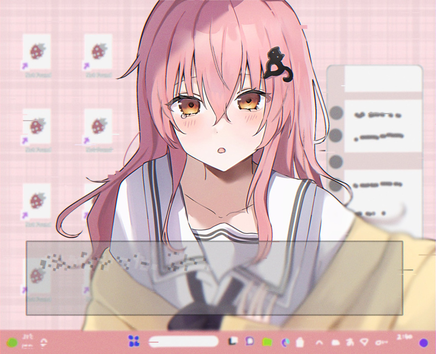 dialogue_box hair_ornament hairpin highres kimi_to_kanojo_to_kanojo_no_koi. long_hair looking_at_viewer monitor mukou_aoi_(totono) nitroplus open_mouth orange_eyes pink_background pink_hair school_uniform shima_(fm_90mhz) tears