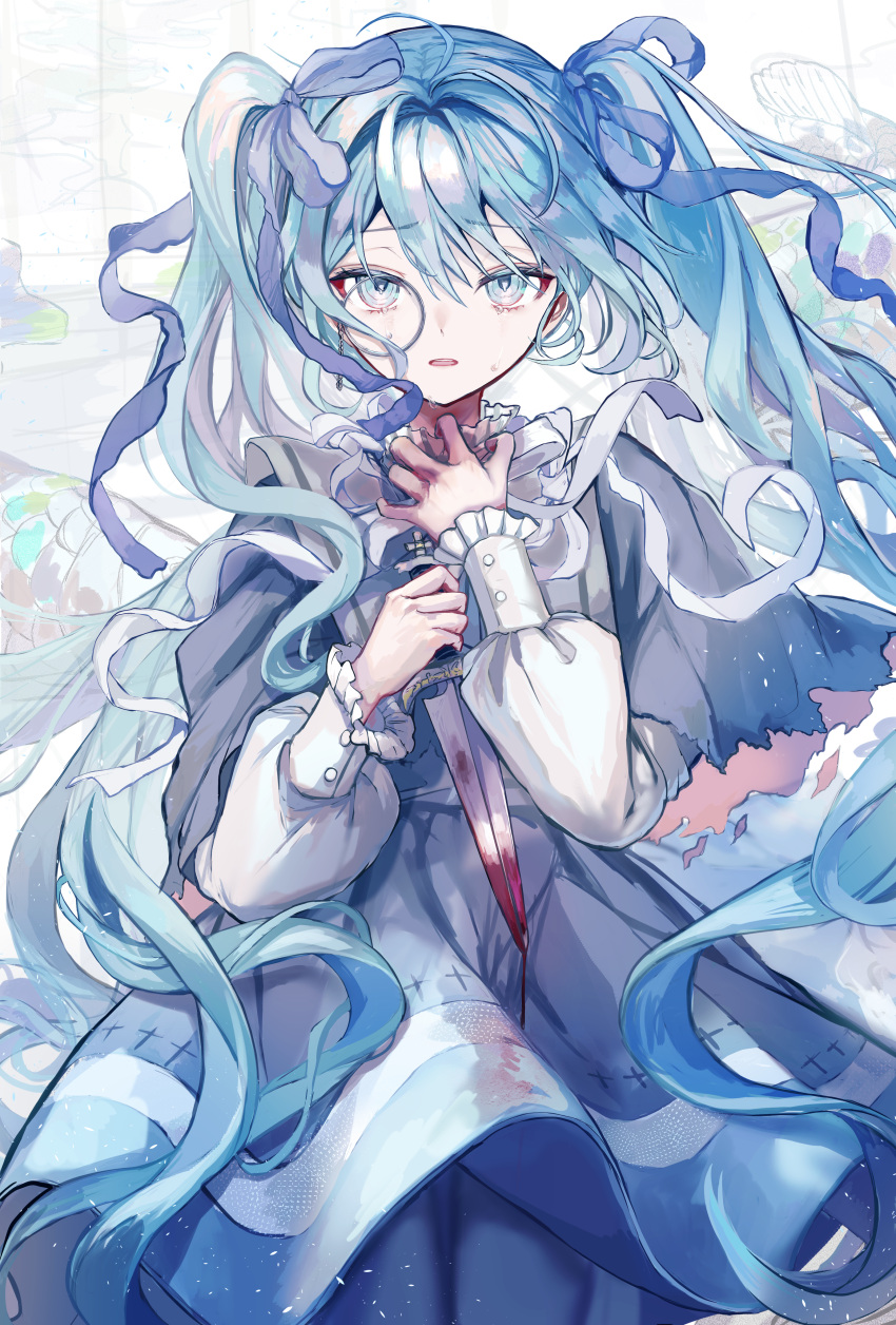 1girl absurdres ahoge blood blood_on_clothes blood_on_weapon blue_eyes blue_hair commentary_request cowboy_shot crying crying_with_eyes_open dagger double-parted_bangs dress floating_hair furrowed_brow gehenna_(vocaloid) grey_dress grey_ribbon hair_between_eyes hair_ribbon hands_up hatsune_miku highres holding holding_dagger holding_knife holding_weapon indoors knife long_hair long_sleeves looking_at_viewer monocle parted_lips pipi puffy_long_sleeves puffy_sleeves raised_eyebrows ribbon solo tears teeth thick_eyelashes twintails upper_teeth_only very_long_hair vocaloid wavy_hair weapon white_dress