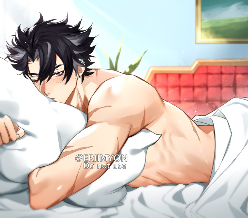 1boy artist_name bare_shoulders bed_sheet bedroom biceps black_hair blue_eyes closed_mouth eriimyon genshin_impact hair_between_eyes highres hugging_object indoors looking_at_viewer male_focus multicolored_hair muscular muscular_male on_bed one_eye_closed pillow pillow_hug scar scar_on_arm solo streaked_hair topless_male twitter_username under_covers wriothesley_(genshin_impact)