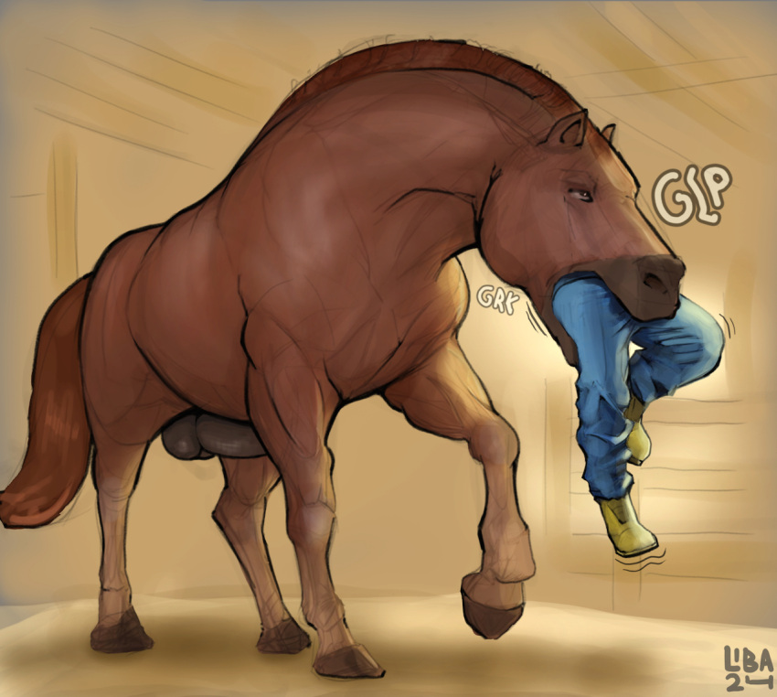 2024 ambiguous_gender animal_genitalia animal_penis balls barn body_in_mouth boots bottomwear brown_body brown_fur brown_hair cj_(libahuntv) clothed clothing colored denim denim_bottomwear denim_clothing detailed digital_drawing_(artwork) digital_media_(artwork) draft_horse duo eating equid equine equine_genitalia equine_penis erection farm farmer feral feral_pred footwear forced fully_clothed fur genitals guide_lines hair hooves horse horse_pred human human_prey inside interspecies jeans larger_feral larger_male larger_pred libahuntv low-angle_view male male/ambiguous mammal mane muscular muscular_feral muscular_male nude onomatopoeia oral_vore pants partially_inside penis quadruped realistic realistic_feral restrained sequence shaded short_hair simple_background size_difference smaller_human smaller_prey soft_vore sound_effects stable standing struggling struggling_prey swallowing swallowing_sound_effect text three-quarter_view unwilling_prey vore watermark