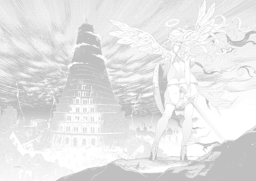 1girl artist_request ass bra breasts comic_bavel contrapposto fantasy feathered_wings floating_hair from_behind greyscale halo high_heels holding holding_shield holding_sword holding_weapon large_breasts legs long_hair looking_afar monochrome official_art outdoors pale_color panties shield standing string_panties sword tower tower_of_babel underwear underwear_only weapon wings