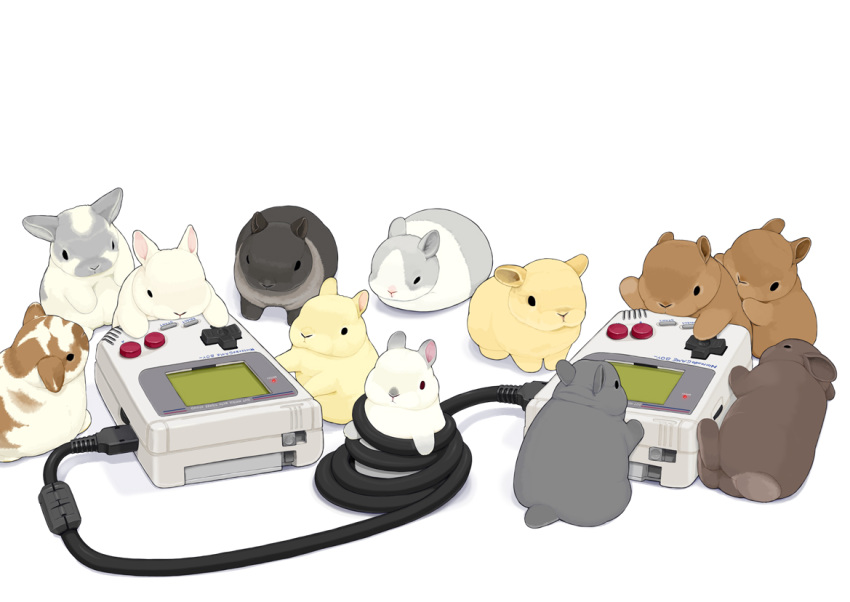 animal_focus black_rabbit_(animal) brown_rabbit cable game_boy game_boy_(original) handheld_game_console lilac_(p-f_easy) lying no_humans on_back original rabbit simple_background white_background white_rabbit_(animal) wire