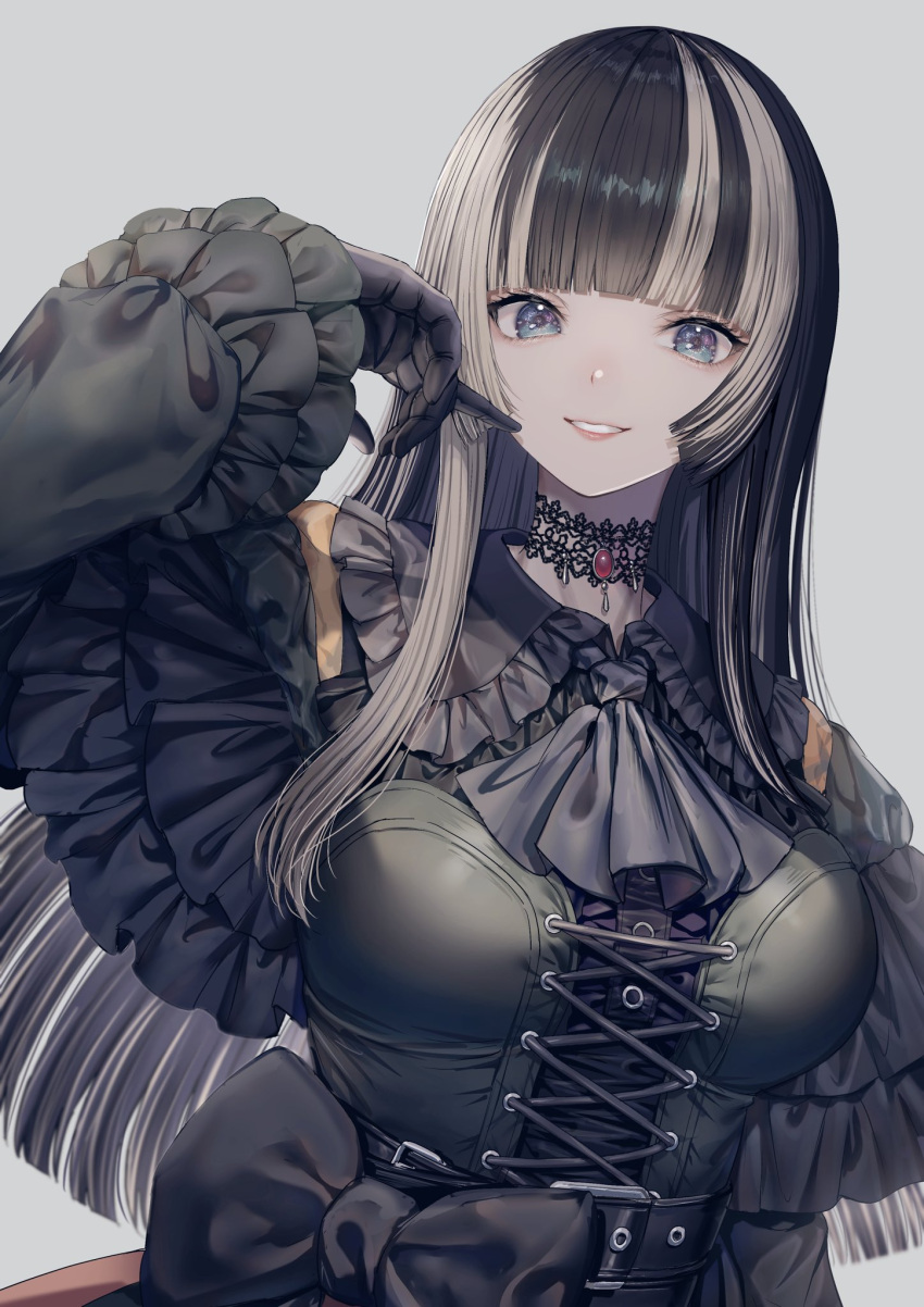 1girl belt black_bow black_gloves black_hair blue_eyes bow choker corset gloves grey_background grey_hair highres hololive hololive_dev_is juufuutei_raden lace lace_choker long_hair multicolored_hair smile tabiguchi_kouji two-tone_hair virtual_youtuber