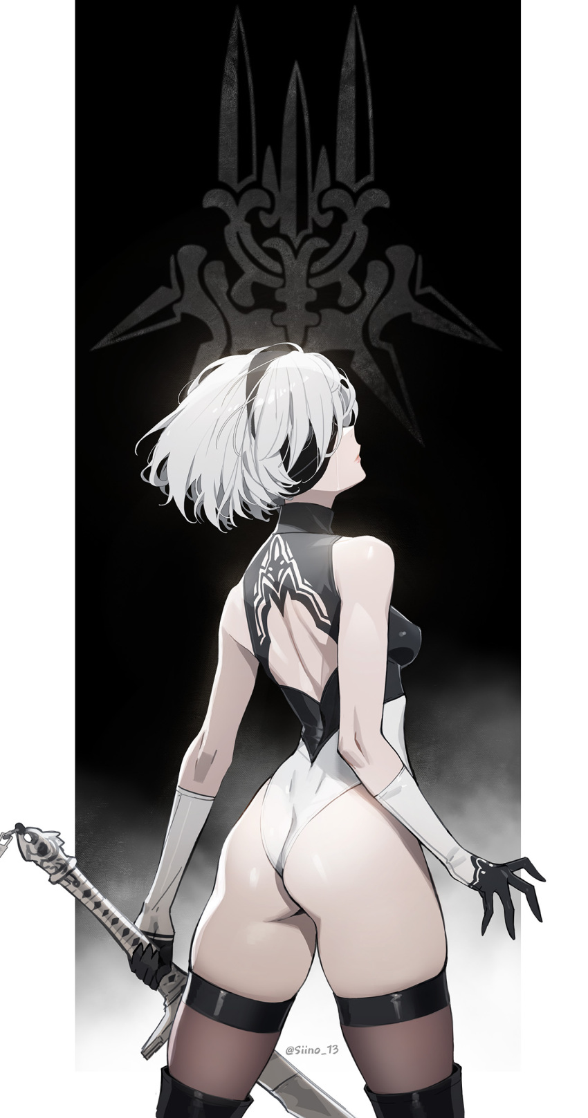 1girl 2b_(nier:automata) ass back_cutout black_blindfold black_hairband black_thighhighs blindfold boots breasts closed_mouth clothing_cutout cowboy_shot crying elbow_gloves from_behind gloves gradient_background hairband headband highleg highleg_leotard highres holding holding_sword holding_weapon leotard looking_back nier:automata nier_(series) profile revision short_hair siino simple_background solo streaming_tears sword tears thigh_boots thighhighs thighhighs_under_boots twitter_username two-tone_gloves two-tone_leotard weapon white_hair