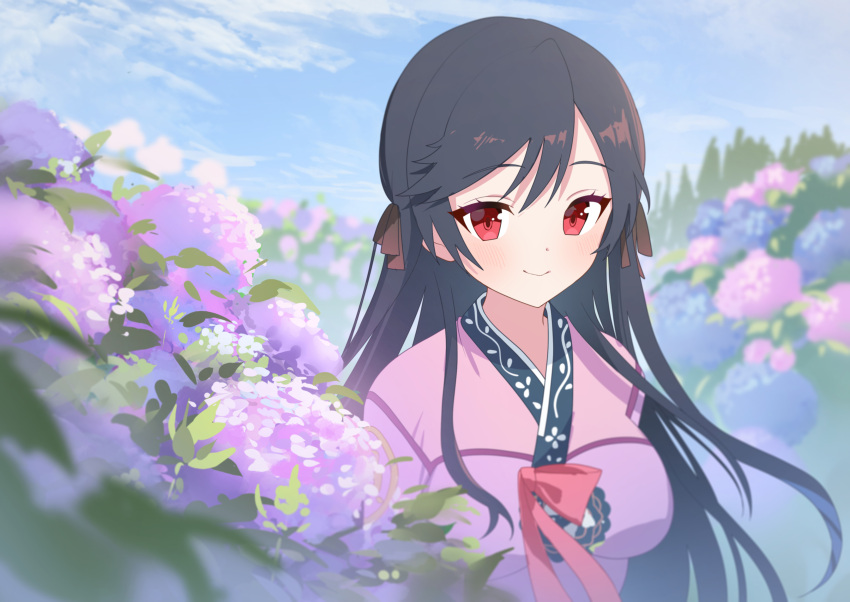 1girl absurdres black_hair blue_sky blurry blurry_foreground boku_no_kanojo_wa_ningyohime!? breasts closed_mouth commission dot_nose floating_hair flower highres japanese_clothes kaerunrun kimono koma_ion long_hair looking_at_viewer outdoors pink_kimono pixiv_commission red_eyes sky smile solo upper_body