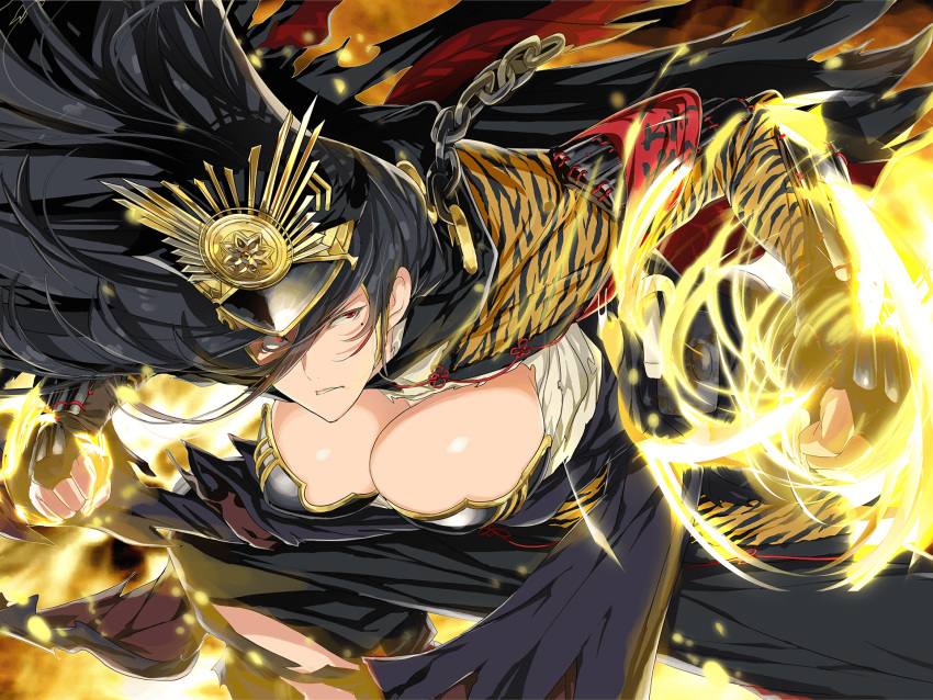 1girl animal_print armor banchou big_hair black_hair black_pants breastplate breasts chain chinese_knot cleavage daidouji_(senran_kagura) delinquent energy eye_trail glowing glowing_fist glowing_hand glowing_hands hat highres huge_breasts incoming_attack incoming_punch light_trail long_hair looking_at_viewer mole mole_under_eye official_alternate_costume official_art pants punching red_eyes scowl senran_kagura senran_kagura_new_link senran_kagura_shoujo-tachi_no_shin'ei shiny_skin solo tiger_print torn_clothes torn_pants very_long_hair yaegashi_nan