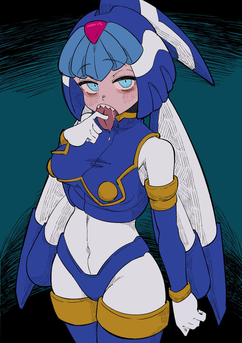 1girl absurdres android armor blue_armor blue_background blue_eyes blue_footwear blue_helmet blue_sleeves bodystocking bodysuit boots breasts buzzlyears commentary covered_navel crop_top crotch_plate detached_sleeves fairy_leviathan_(mega_man) forehead_jewel helmet highres looking_to_the_side medium_breasts mega_man_(series) mega_man_zero_(series) saliva sharp_teeth solo sweat teeth thigh_boots tongue tongue_out upper_body vest white_bodysuit