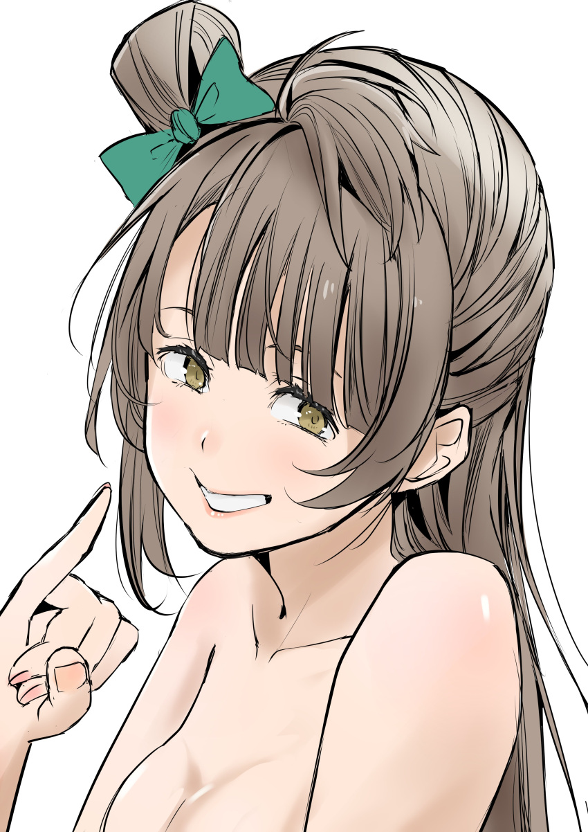 1girl absurdres blunt_bangs breasts brown_hair cleavage collarbone commentary completely_nude green_ribbon hair_ribbon highres long_hair looking_at_viewer love_live! love_live!_school_idol_project medium_breasts minami_kotori nude one_side_up pinky_out portrait ribbon sidelocks smile solo tommer upper_body white_background yellow_eyes